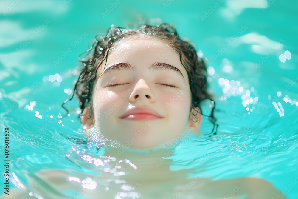 Young girl enjoying a tranquil moment while floating in a clear blue swimming pool during summer Young girl enjoying a tranquil moment while floating in a clear blue swimming pool during summer