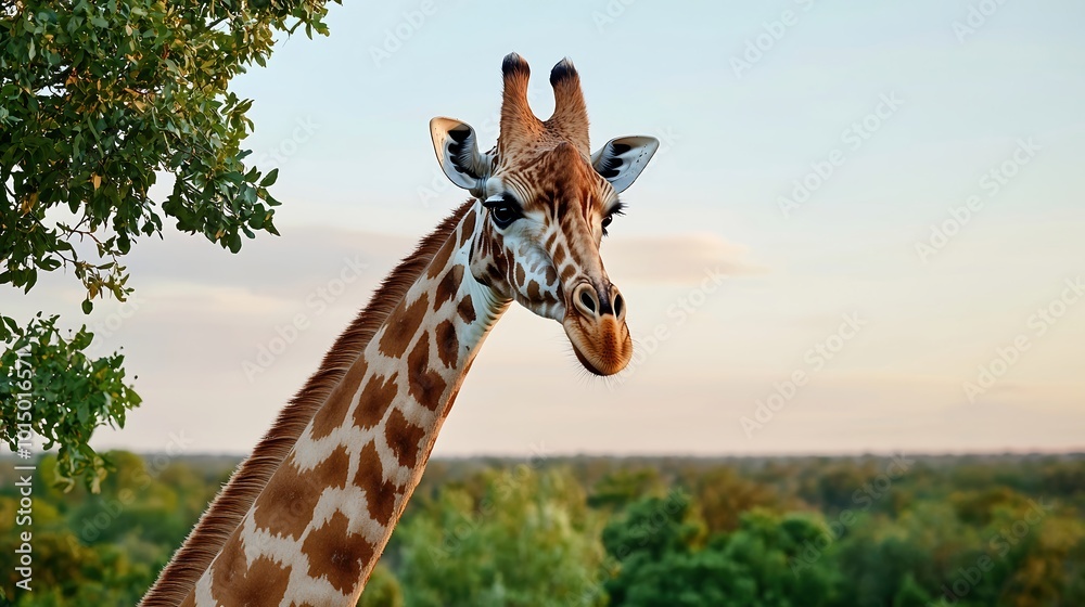 An elegant giraffe reaching for the leaves high in the treetops, set against a soft sunset background. The photograph emphasizes the animals long neck and unique patterns, creating a serene and An elegant giraffe reaching for the leaves high in the treetops, set against a soft sunset background. The photograph emphasizes the animals long neck and unique patterns, creating a serene and