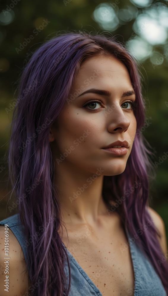 Portrait of a woman with purple hair outdoors. Portrait of a woman with purple hair outdoors.