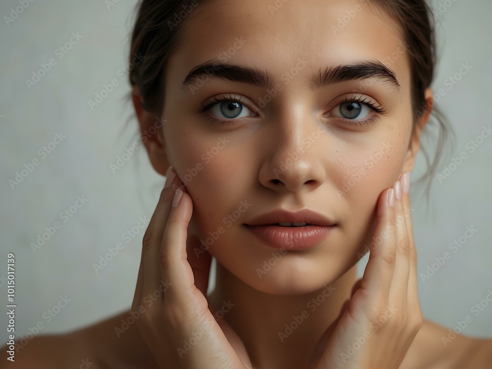 Portrait of a young woman gently touching her cheek, showcasing natural skin. Portrait of a young woman gently touching her cheek, showcasing natural skin.