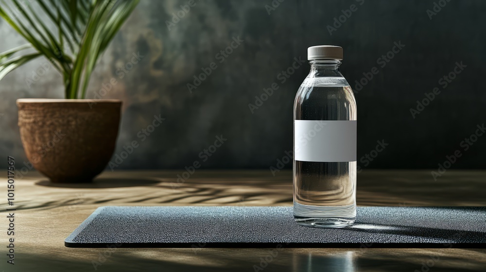 Obraz premium A mockup of a stylish water bottle with a blank label, placed on a fitness mat, ideal for health and fitness branding