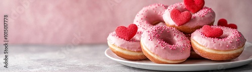 Pink Glazed Donuts with Sprinkles and Hearts for Valentines Day.