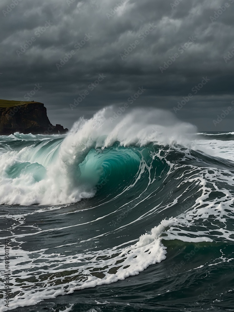 Fototapeta premium Powerful waves crashing against rugged cliffs.