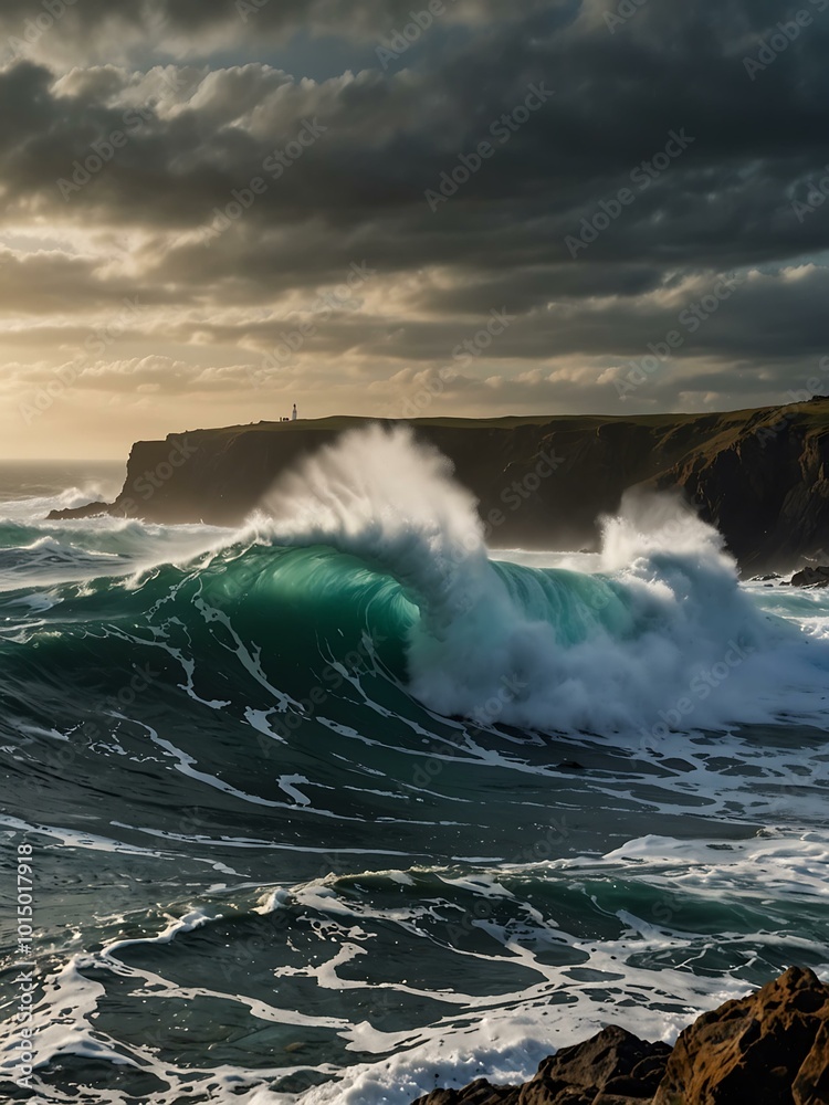 Fototapeta premium Powerful waves crashing against rugged cliffs.