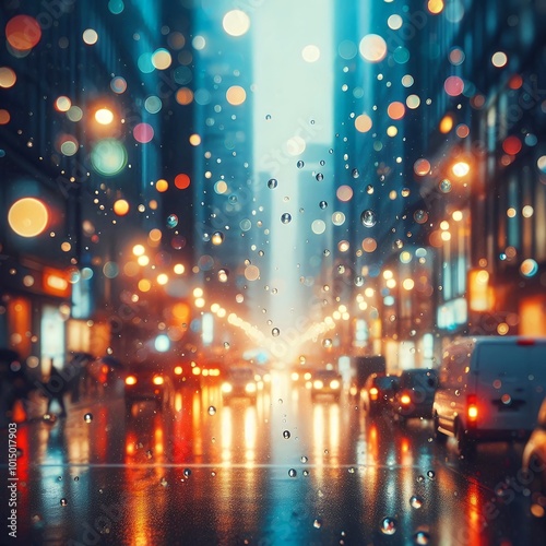 Rainy Night City Lights – Bokeh Reflections Through Raindrops with Generative AI.