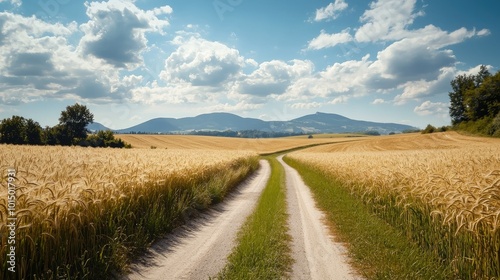 A country road running alongside a vast barley field with mountains in the distance.