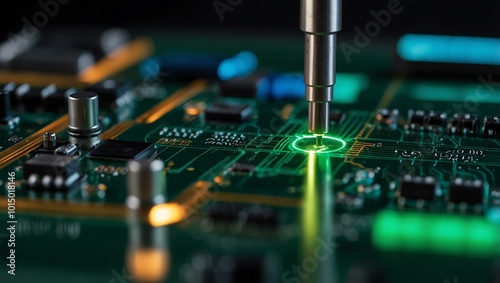 Precision tool on a circuit board with glowing components in a tech setting.