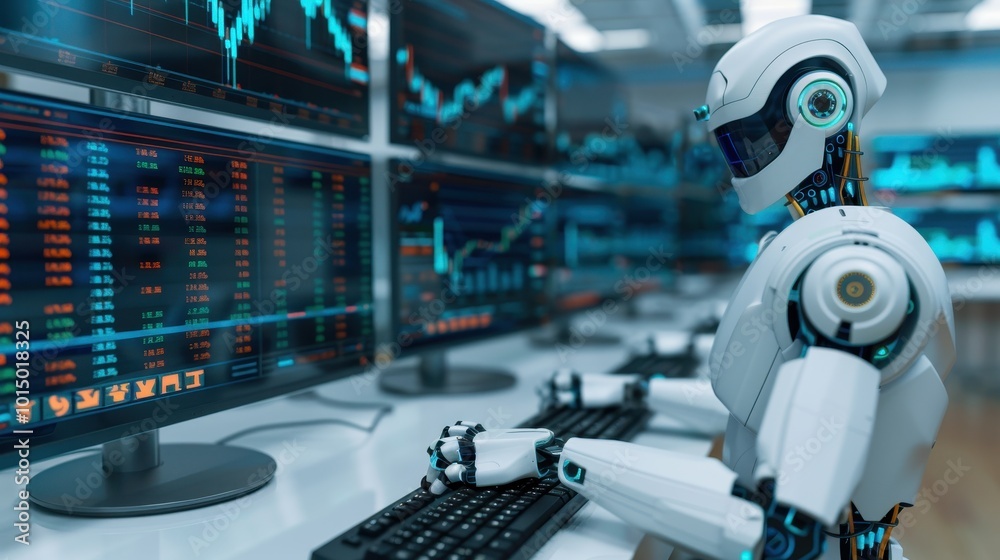 A humanoid robot analyzing stock market data on multiple monitors A humanoid robot analyzing stock market data on multiple monitors