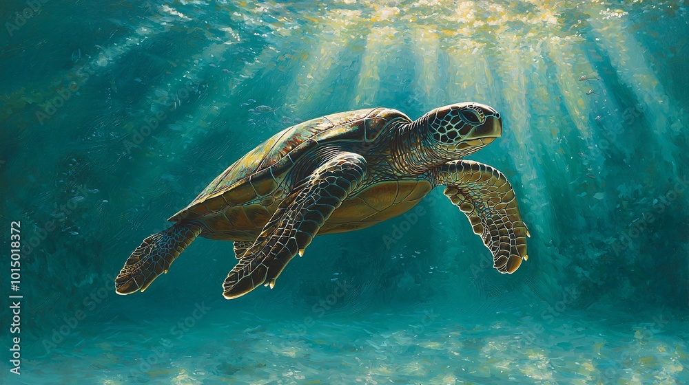 Fototapeta premium Sea Turtle Swimming in Sunbeams.