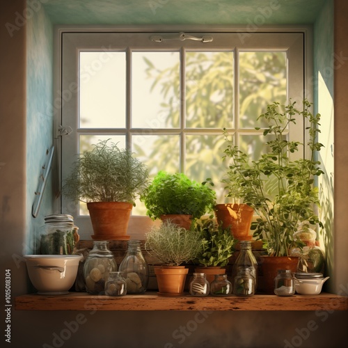 A charming kitchen window with herbs growing adding to the baking atmosphere.generative ai illustration