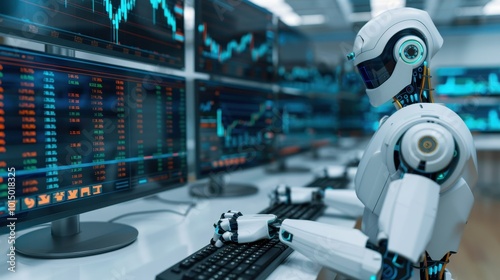 A humanoid robot analyzing stock market data on multiple monitors photo