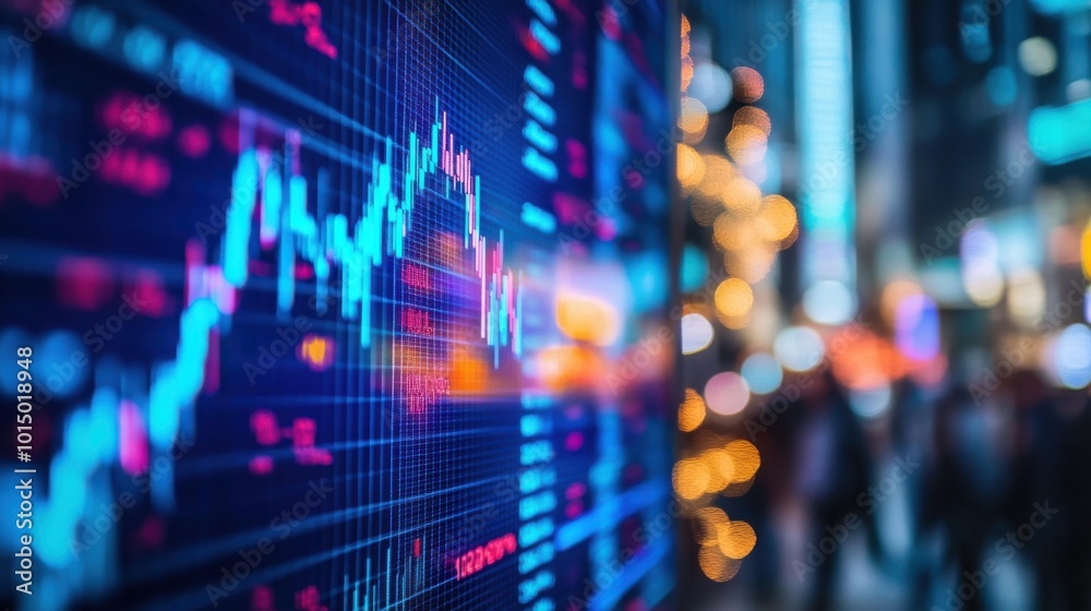 Close-up of a stock market graph on a digital screen, a financial business background with blurred abstract dark blue and red light bokeh. Close-up of a stock market graph on a digital screen, a financial business background with blurred abstract dark blue and red light bokeh.