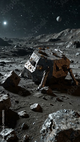 Probe exploring asteroid terrain with detailed views.