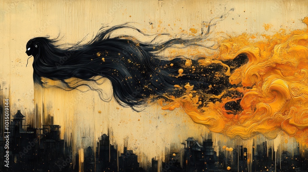 An ethereal Yokai, with long, flowing hair and robes, drifting above a traditional Japanese village, viewed from above to capture its ghostly flight Combinations Bold black ink lines merging An ethereal Yokai, with long, flowing hair and robes, drifting above a traditional Japanese village, viewed from above to capture its ghostly flight Combinations Bold black ink lines merging
