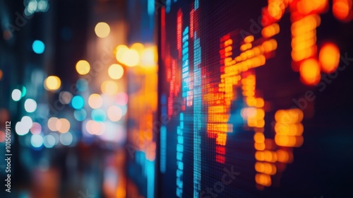 Wallpaper Mural Close-up of a stock market graph on a digital screen, a financial business background with blurred abstract dark blue and red light bokeh.  Torontodigital.ca