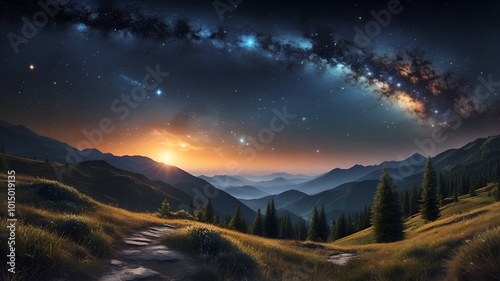 An AI-generated HD 4K wallpaper featuring a stunning galaxy landscape set against a night sky in nature.
