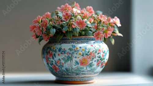 Wallpaper Mural A delicate Chinese-style flowerpot with intricate detailing, filled with colorful blooming flowers. Torontodigital.ca