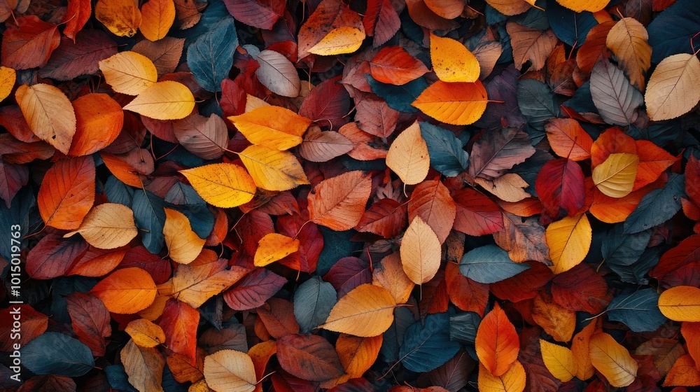 A dense pile of fallen autumn leaves in various shades of red, orange, and yellow, covering the forest ground
