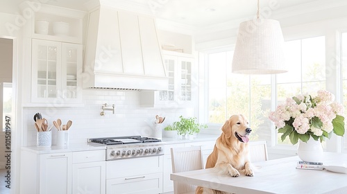 An upscale kitchen scene showcasing a golden retriever sitting attentively next to a modern dining table adorned with tasteful decor, capturing the bond between pets and their owners in a luxurious