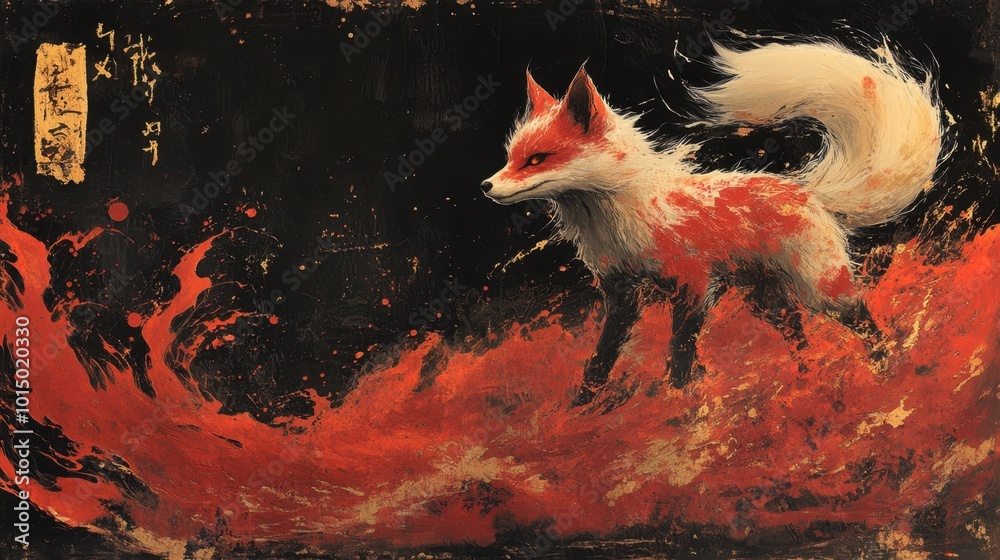 custom made wallpaper toronto digitalA fox Yokai with multiple tails glowing in the night, walking gracefully through an abandoned field, captured from a side angle to highlight its elegance and power Combinations Intricate red 