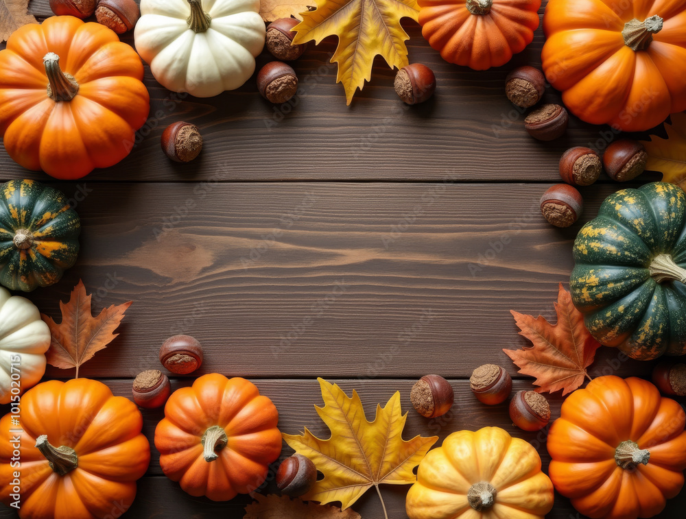 Herbstliche Kürbisse und Blätter auf Holzuntergrund Herbstliche Kürbisse und Blätter auf Holzuntergrund