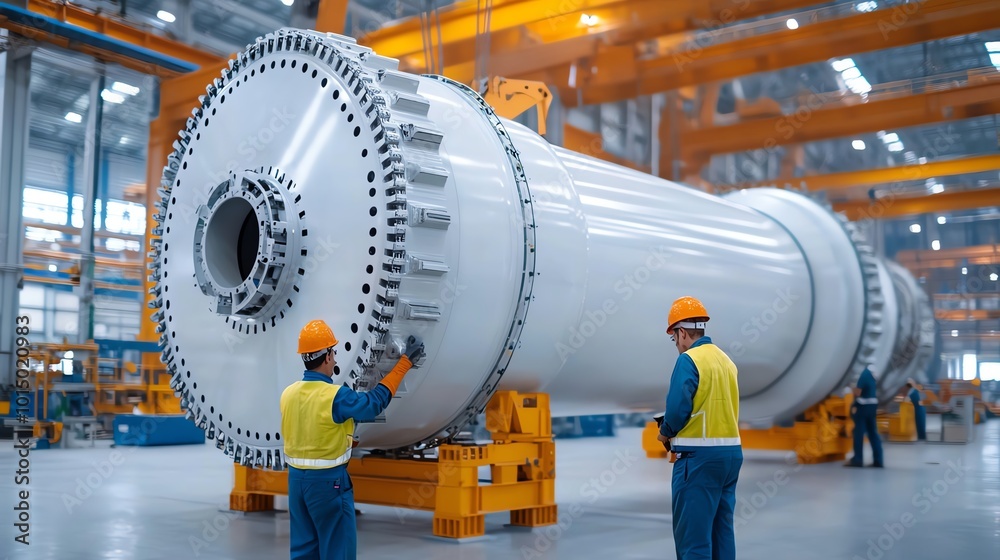 Workers assembling components of a wind turbine in a large manufacturing plant, wind turbine assembly, renewable energy production Workers assembling components of a wind turbine in a large manufacturing plant, wind turbine assembly, renewable energy production