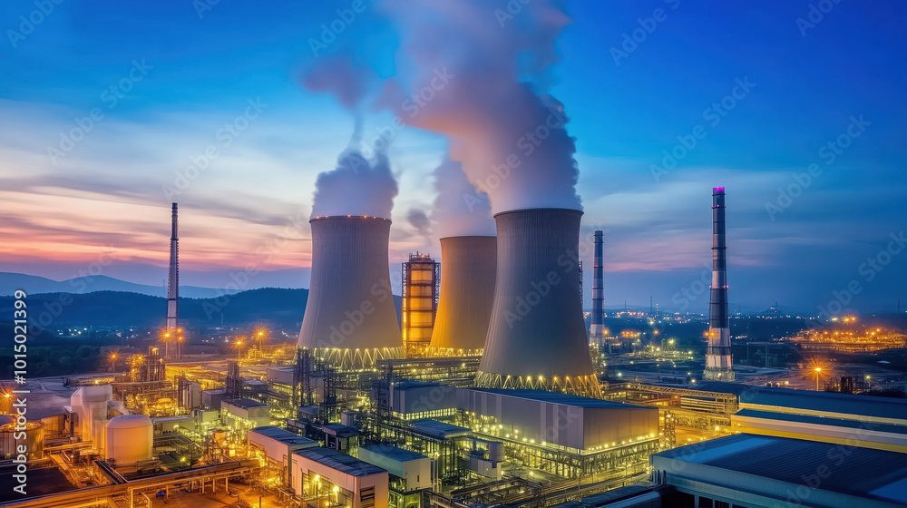 Thermal Power Plant In Operation At Night Emitting Smoke Into The Night Sky With Diverse Industrial Structures Thermal Power Plant In Operation At Night Emitting Smoke Into The Night Sky With Diverse Industrial Structures