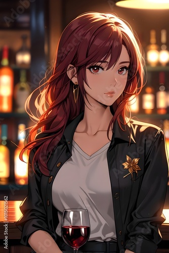 Anime Style Portrait of Korean Woman with Red Hair and Black Outfit