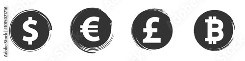 Set of currency icons (dollar, euro, pound, bitcoin) inside circular brush strokes, representing financial concepts. Vector illustration.