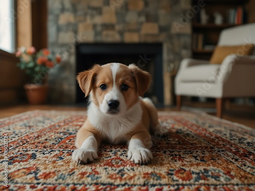 Puppy laying on a rug by a fireplace.