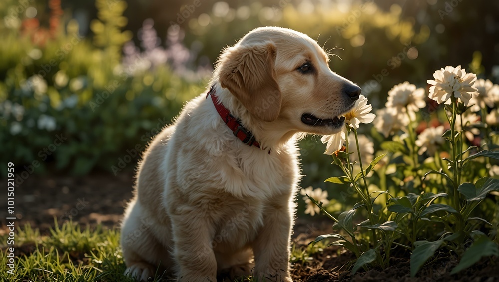 Puppy sniffing a flower in a sunlit garden. Puppy sniffing a flower in a sunlit garden.