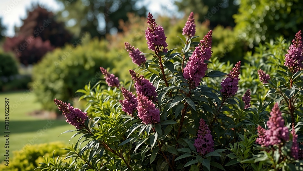Purple bush with green leaves in a garden. Purple bush with green leaves in a garden.