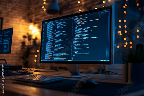 Desktop with Code on Monitor and Keyboard photo