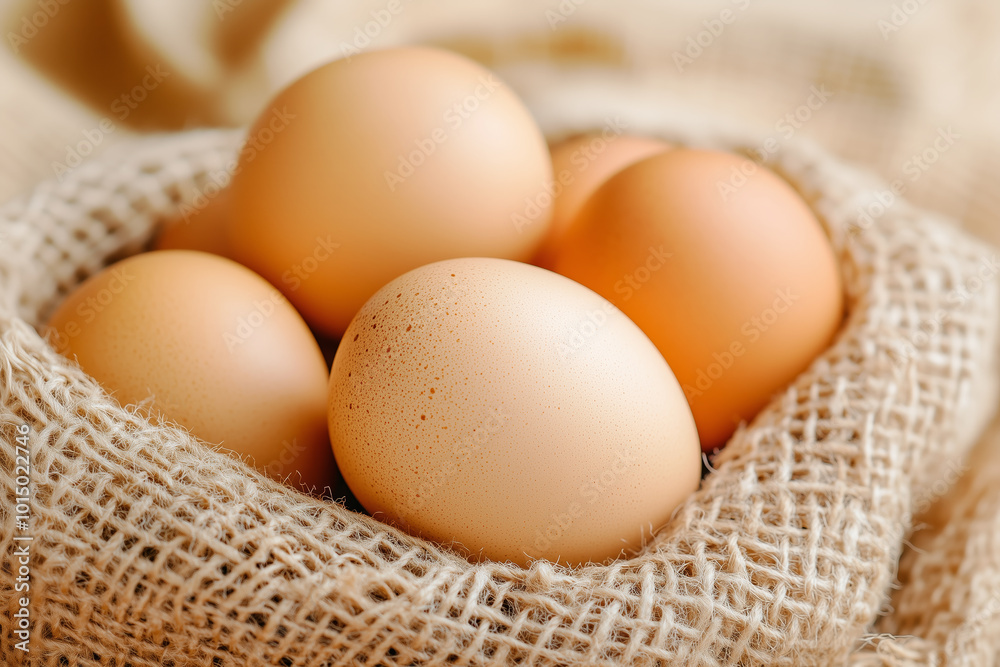 Fresh farm eggs nestled in a burlap sack, showcasing natural brown hues and textures Fresh farm eggs nestled in a burlap sack, showcasing natural brown hues and textures
