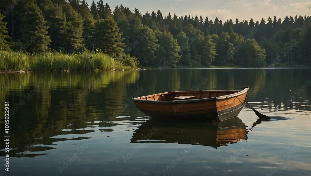 Obraz premium Quiet lake scene with a wooden rowboat.