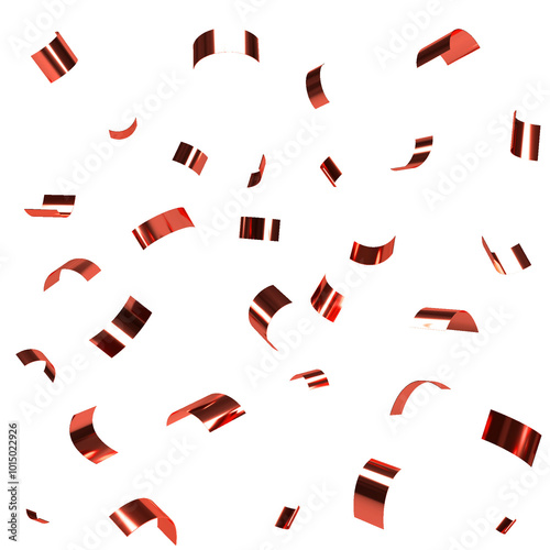 Falling shiny red confetti on transparent background. Bright blinking scarlett festive tinsel. Holiday design elements for web banner, poster, flyer, invitation.	