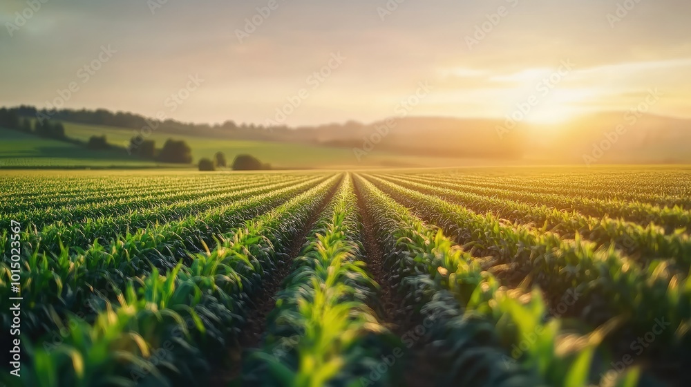 A drone view of a vast cornfield with rows of plants stretching out under the soft light of dawn. A drone view of a vast cornfield with rows of plants stretching out under the soft light of dawn.