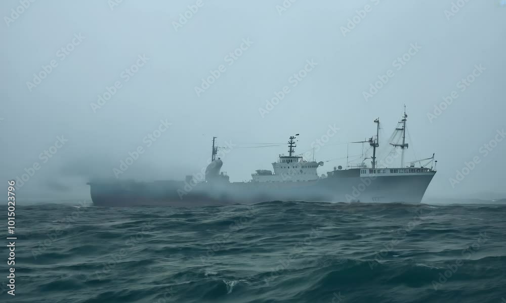 A large ship cutting through choppy waters leaving a trail of mist in its wake. A large ship cutting through choppy waters leaving a trail of mist in its wake.