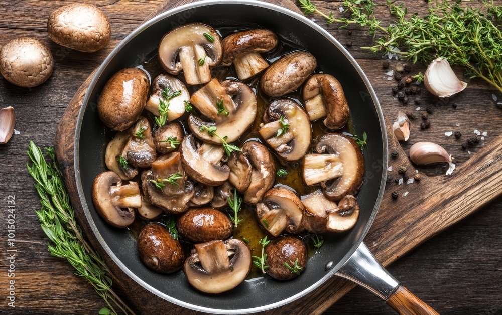 A skillet filled with saut?ed mushrooms and herbs, showcasing a delicious dish being prepared. A skillet filled with saut?ed mushrooms and herbs, showcasing a delicious dish being prepared.