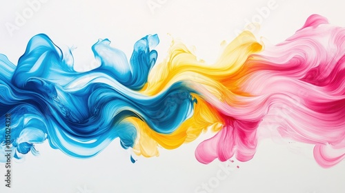 A dynamic abstract design of colorful swirls in vibrant hues of blue, pink, and yellow, flowing across a white background, creating a sense of movement