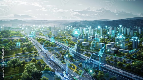 Blueprint of a futuristic smart city with interconnected buildings and sustainable energy systems photo