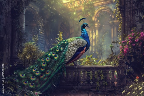 Majestic Peacock in a Sunlit Palace Garden with Vibrant Feathers and Lush Greenery for Elegant Décor