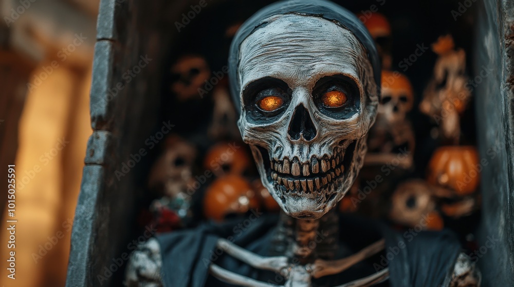 Mummy coming out of a tomb with Halloween decorations Mummy coming out of a tomb with Halloween decorations