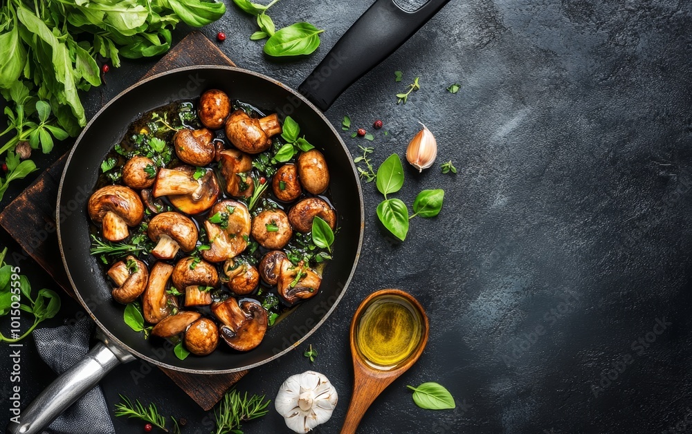 A skillet filled with saut?ed mushrooms garnished with herbs, showcasing a delicious cooking scene. A skillet filled with saut?ed mushrooms garnished with herbs, showcasing a delicious cooking scene.