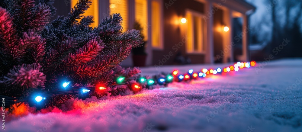 Festive lights strung across snow with a blurred house in the ba Festive lights strung across snow with a blurred house in the ba