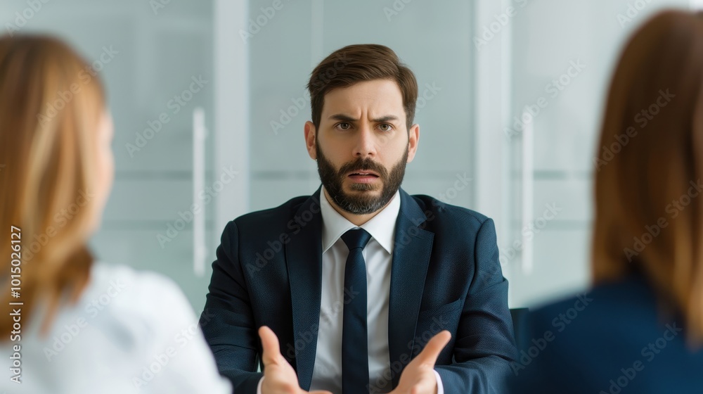 A Serious-Looking Businessman Speaking to Colleagues A Serious-Looking Businessman Speaking to Colleagues