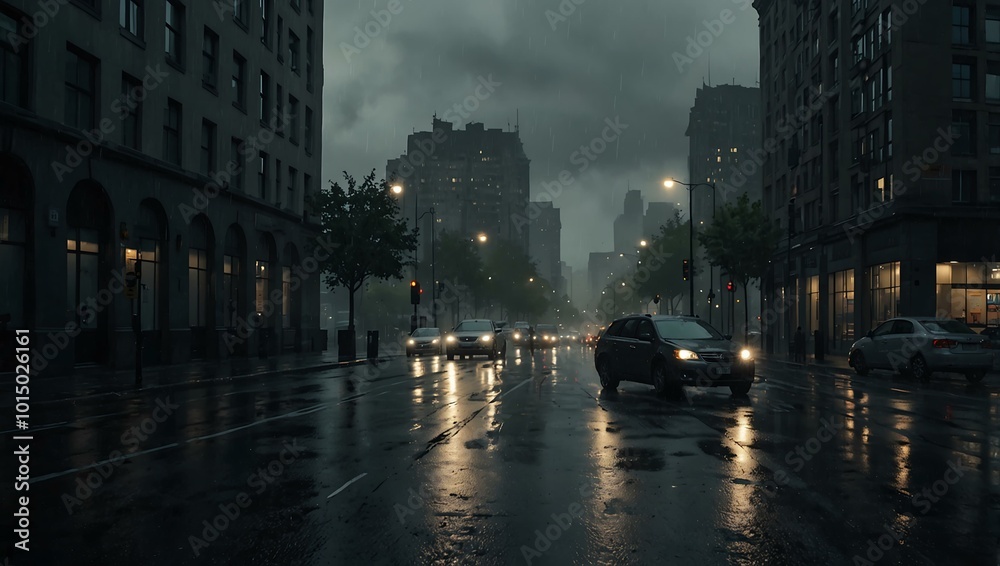 Fototapeta premium Rainy city day with a gloomy atmosphere.