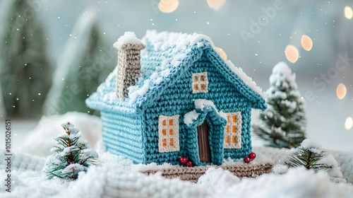 Knitted house from wool. Winter. Home insulation, protection from cold and bad weather, room heating system. The energy crisis in Europe. Festive mood, Christmas