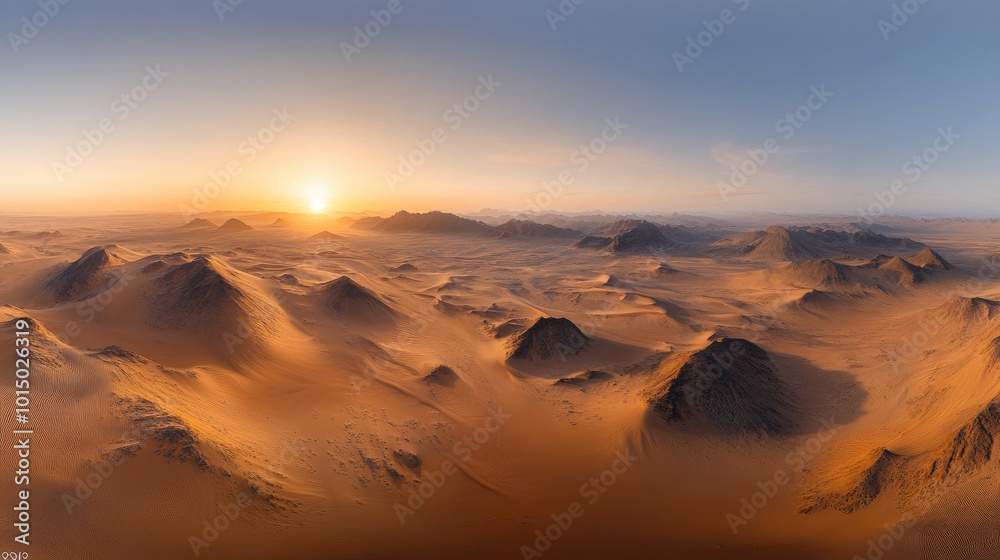 Naklejka premium Vast Desert Landscape at Sunrise with Mountain Range