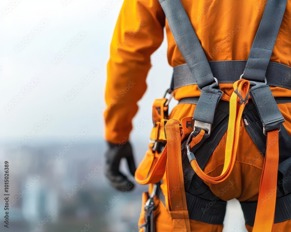 Close-up of worker wearing safety harness while assembling building framework, Safety harness use, Worker protection Close-up of worker wearing safety harness while assembling building framework, Safety harness use, Worker protection
